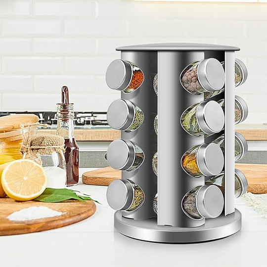 16-Jar Rotating Spice Rack – Stainless Steel Kitchen Organizer