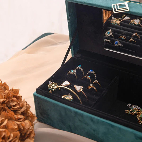 Jewelry Storage Box – Blue Flannel Desktop Organizer for Rings & Earrings