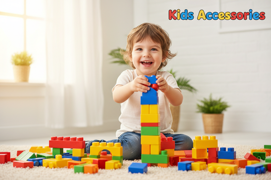 Child playing with colorful building blocks with 'Kids Accessories' text in the corner.

