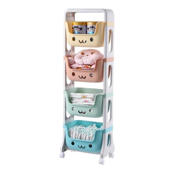 Kids Storage Rack – 4-Tier Toy Organizer with Colorful Bins & Wheels