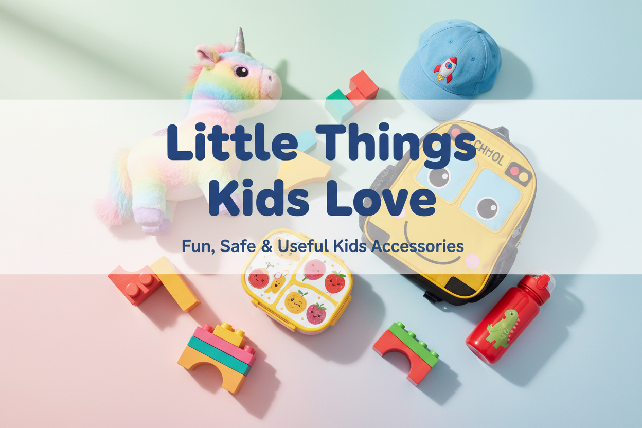 Create a full-width homepage banner slider image focused on kids accessories.

Style:
- Bright, cheerful, and friendly ecommerce design
- Light pastel background
- Lifestyle image showing kids accessories such as toys, school items, or daily-use kids products
- Clean layout, mobile-friendly text

Text Content:
Headline: Little Things Kids Love
Subheadline: Fun, Safe & Useful Kids Accessories
 Layout:
- Text centered or left-aligned
- Playful yet clean visual style
