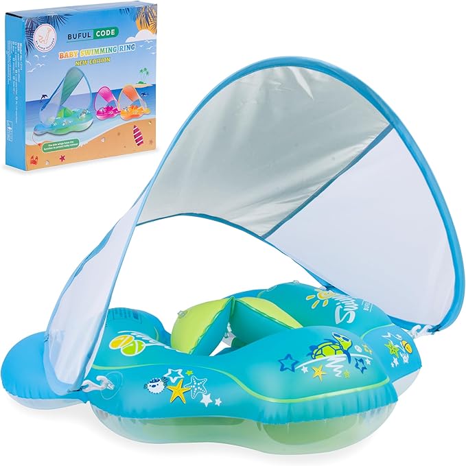 Inflatable Kids Swimming Ring with Sunshade Canopy – Baby Float with Side Wings