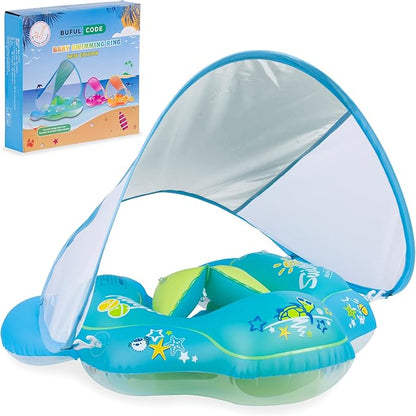 Inflatable Kids Swimming Ring with Sunshade Canopy – Baby Float with Side Wings