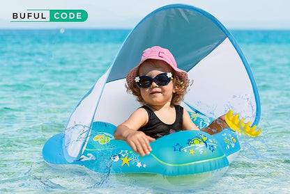 Inflatable Kids Swimming Ring with Sunshade Canopy – Baby Float with Side Wings