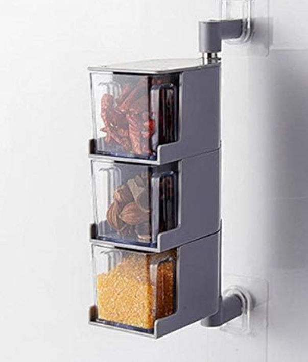 3-Layer Wall-Mounted Rotary Seasoning Organizer with Drawers