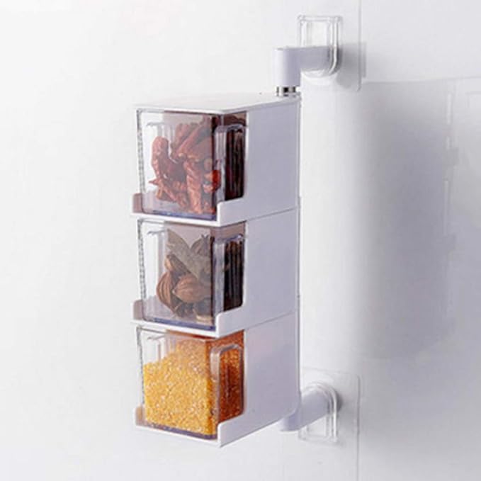 3-Layer Wall-Mounted Rotary Seasoning Organizer with Drawers