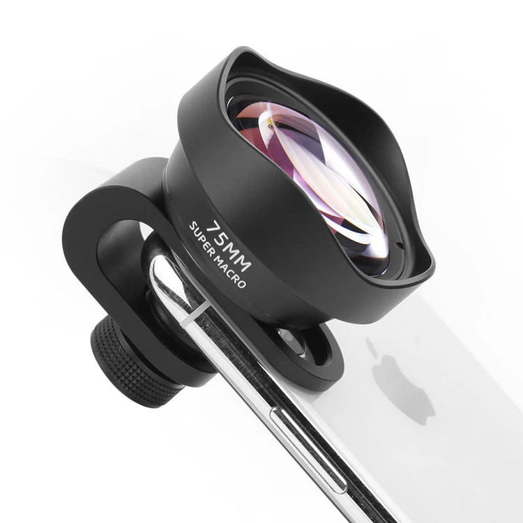 Phone camera lens attachment labeled '75mm Super Macro' on a white background