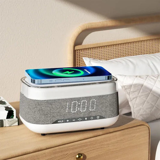 Multifunctional Alarm Clock – Bluetooth Speaker, Wireless Charging & Ambient Night Light