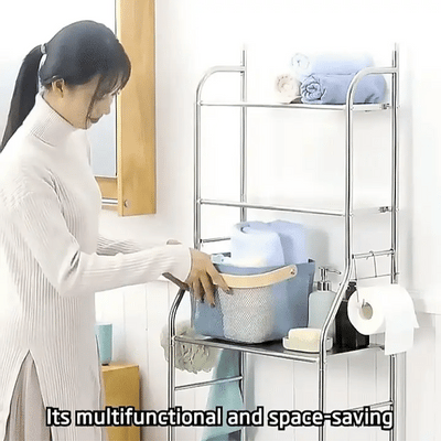 3-Tier Over-The-Toilet Storage Rack – White Steel Bathroom Organizer with Side Hooks