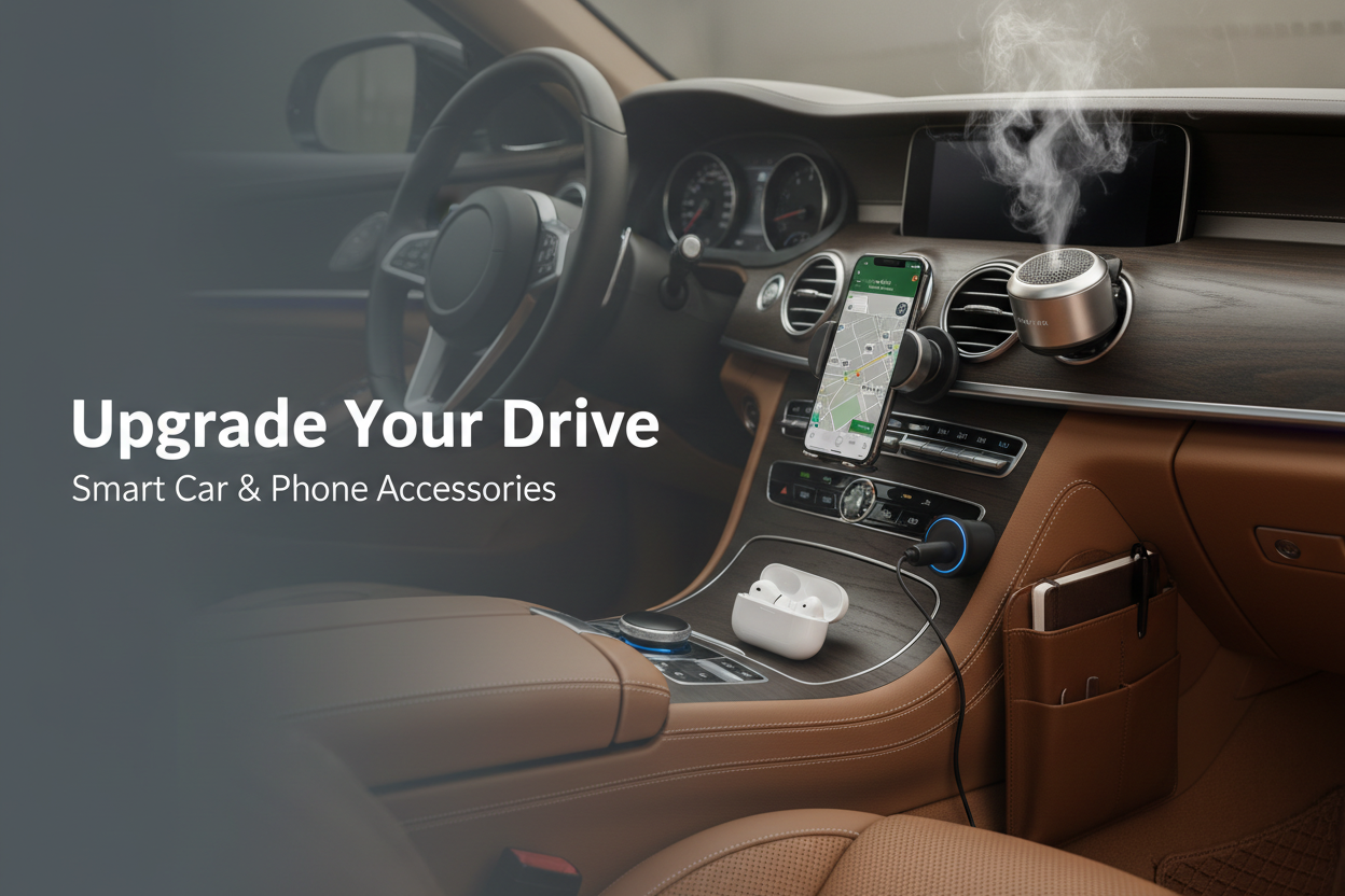 please Create a full-width banner
Style:
- Dark or neutral background with soft overlay
- Lifestyle image showing car accessories like aroma diffuser in use (phone holder, earbuds, organizer, charger)

write Content:
Headline: Upgrade Your Drive
Subheadline: Smart Car & phone Accessories

Layout:
- Text aligned left 