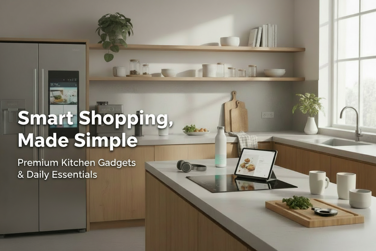 please Create a full-width homepage banner slider image.

Style:
  - Lifestyle image showing smart home and kitchen gadgets and daily-use products
- High contrast text, mobile-friendly

write Text Content:
Headline: Smart Shopping, Made Simple
Subheadline: Premium kitchen Gadgets & Daily Essentials
 
Layout:
- Text aligned left or center
- Strong visual hierarchy
