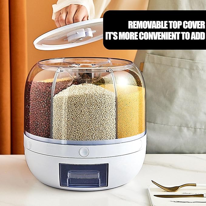Rotating Food Storage Dispenser – One-Button Grain Organizer