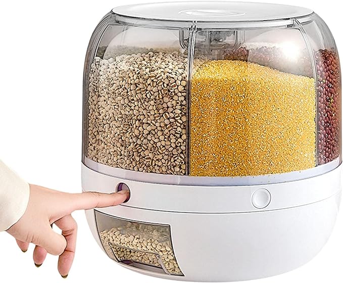 Rotating Food Storage Dispenser – One-Button Grain Organizer