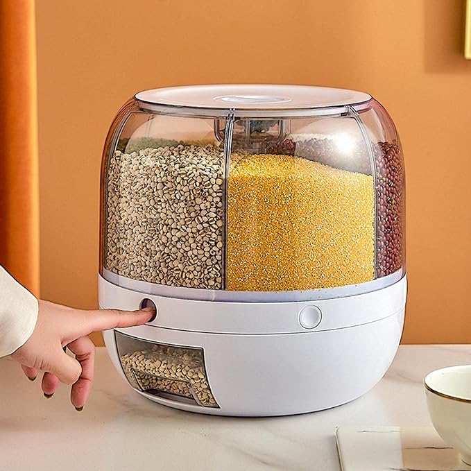 Rotating Food Storage Dispenser – One-Button Grain Organizer