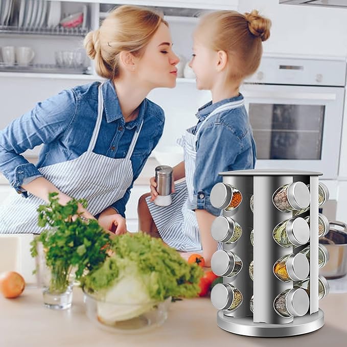 16-Jar Rotating Spice Rack – Stainless Steel Kitchen Organizer