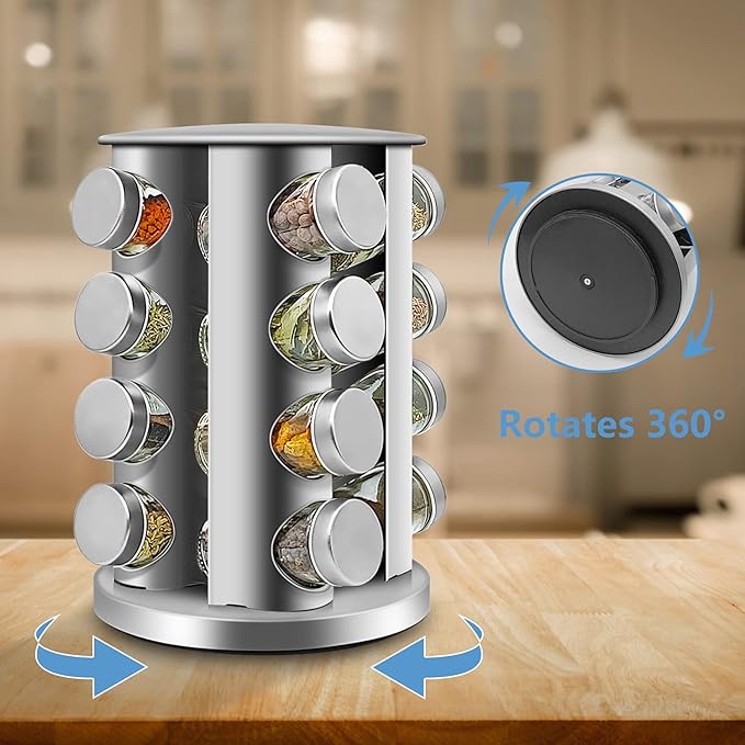 16-Jar Rotating Spice Rack – Stainless Steel Kitchen Organizer