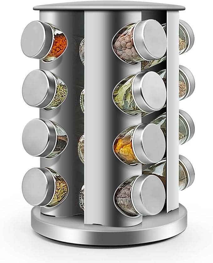 16-Jar Rotating Spice Rack – Stainless Steel Kitchen Organizer