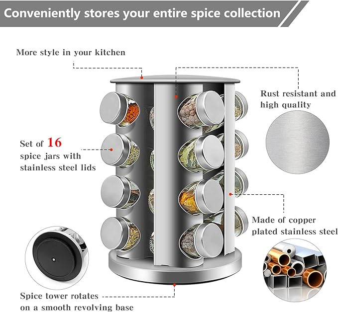 16-Jar Rotating Spice Rack – Stainless Steel Kitchen Organizer