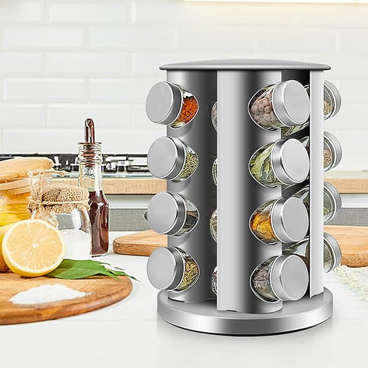 16-Jar Spice Rack – Rotating Stainless Steel Tower with Non-Slip Base