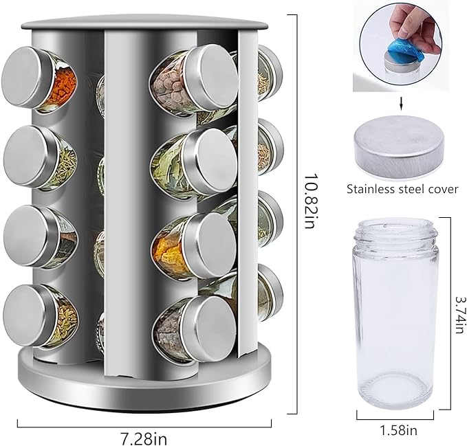 16-Jar Rotating Spice Rack – Stainless Steel Kitchen Organizer