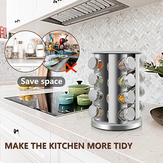 16-Jar Rotating Spice Rack – Stainless Steel Kitchen Organizer